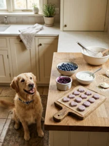 Blueberries and dog-safe ingredients prepared for homemade treats