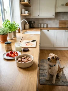 Small portions of homemade strawberry treats prepared for a dog