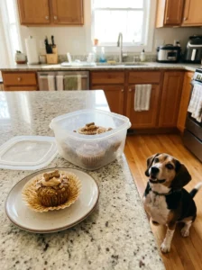 Homemade mini dog cupcakes stored in a freezer-safe container for later treats.