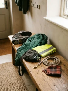 Dog walking essentials including waterproof boots, a rain jacket, reflective gear, and a leash.