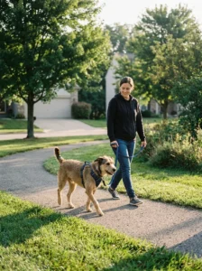 Rescue dog taking a calm short walk with its owner during the first days at home.