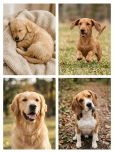 Four-photo collage of cute dogs for a smartphone wallpaper.