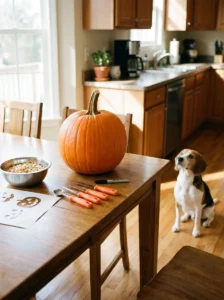 Pumpkin carving supplies arranged on a kitchen table with a beagle watching nearby.