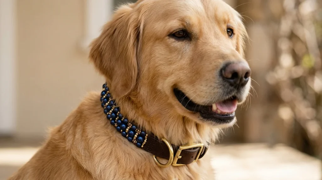 Golden retriever wearing a handmade navy blue and gold beaded dog collar