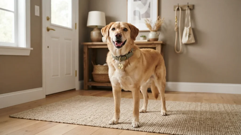 Labrador mix dog wearing a stylish engraved ID tag on its collar