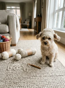 Small dog wearing a simple cream crochet beanie made from soft yarn.