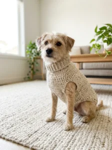 Small dog sitting comfortably in an oatmeal crochet sweater.