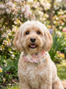 Small dog wearing a pastel handmade flower collar in a spring garden
Copy prompt