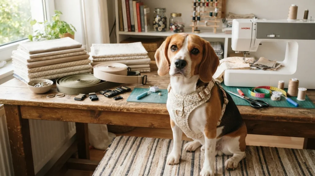 Beagle wearing a handmade fabric dog harness beside DIY sewing supplies