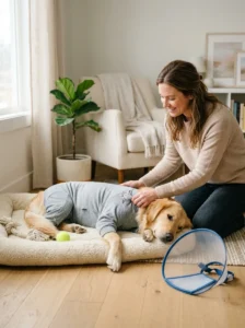 Dog wearing a soft recovery suit instead of a plastic cone