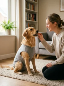 Dog practicing wearing a recovery suit with treats