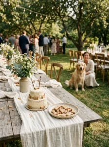 Small dog wedding cake and mini dog biscuits prepared for a garden wedding