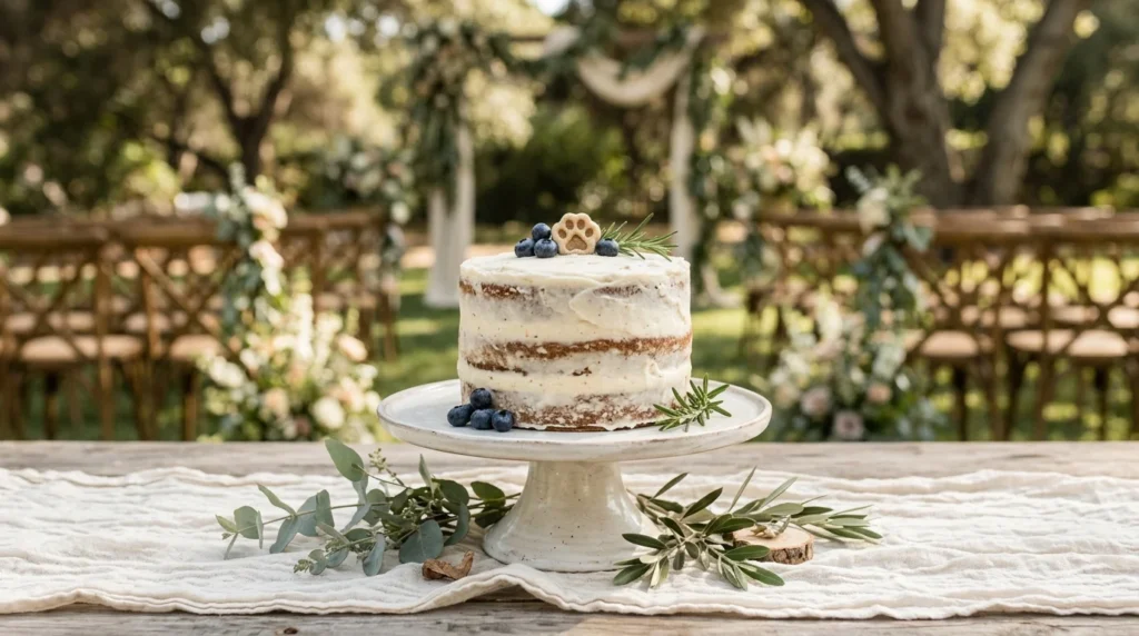 omemade dog wedding cake decorated with blueberries at a rustic garden wedding