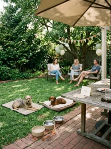 Small backyard dog birthday party with supervised dogs, water bowls, and shaded seating.