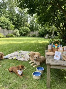 Small dog birthday gathering with fresh water, shaded resting space, and pet-safe party supplies.