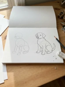 Simple dog drawing made from circles and ovals for beginners.