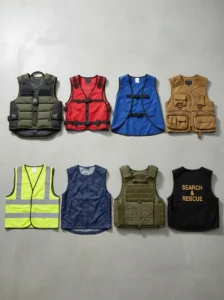 Eight service dog vest styles including mesh, padded, reflective, and pocket designs