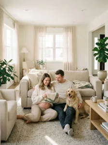 Family dog sitting beside expectant parents holding a baby blanket.