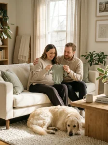 Expectant parents posing with their dog and a tiny baby onesie for a pregnancy announcement.