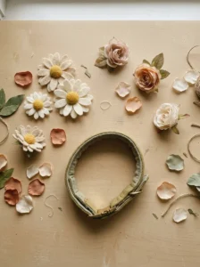 Felt and silk flowers beside a soft dog collar for DIY flower collar ideas
Copy prompt