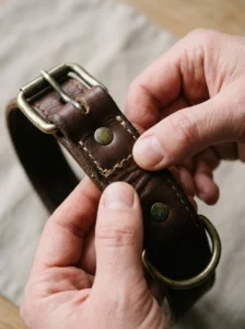 Checking leather dog collar stitching, rivets, and buckle for signs of wear
Copy prompt
