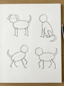 Four simple dog drawing exercises using basic shapes.