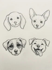 Cute dog face drawings with different ears, eyes, and expressions.