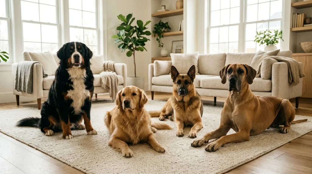 Four large dog breeds including a Great Dane, Golden Retriever, German Shepherd and Bernese Mountain Dog.