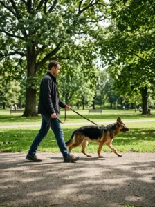 German Shepherd walking calmly on a leash beside its owner.