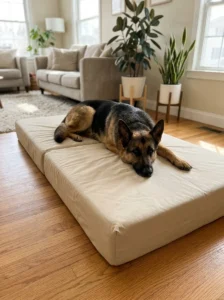 German shepherd relaxing on a level extended dog bed with a smooth fitted cover.
Copy alt text