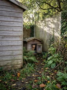 Ginger cat peeking out of a quiet outdoor shelter behind a backyard shed.