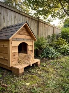 Ginger cat sitting outside a finished DIY outdoor cat house in a quiet backyard.