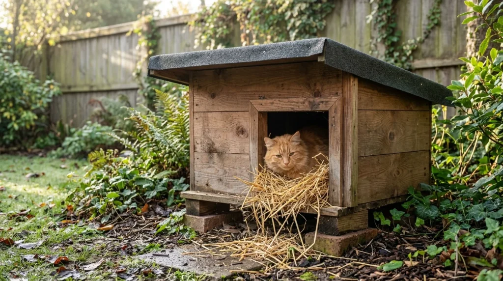 Ginger cat resting inside a weatherproof outdoor cat house with straw bedding in a backyard.