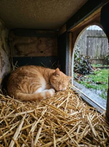 Ginger cat resting on dry straw bedding inside a cozy outdoor shelter.