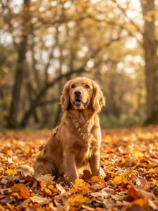 Cute dog sitting among autumn leaves in a seasonal phone wallpaper.