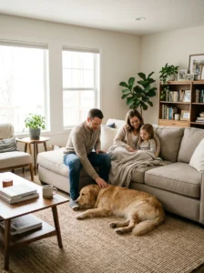 Golden Retriever relaxing with its family in a spacious living room.