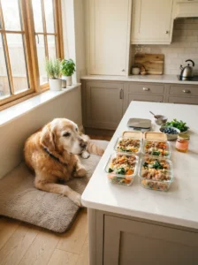 Prepared homemade dog meals ready for a diabetic dog's feeding routine