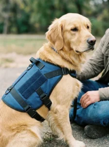Blue working dog vest with adjustable straps and removable patch panels