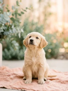 Golden retriever puppy against a soft pastel background for a dog wallpaper.
