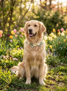 Golden retriever wearing a felt flower collar during an outdoor spring photo shoot
Copy prompt