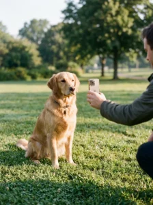 Golden retriever sitting attentively while its owner prepares to take a photo.