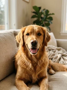 Happy golden retriever sitting on a sofa as a cute dog phone lockscreen idea.