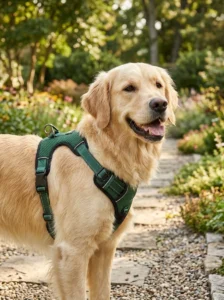Golden retriever wearing an adjustable mesh harness with secure buckles.