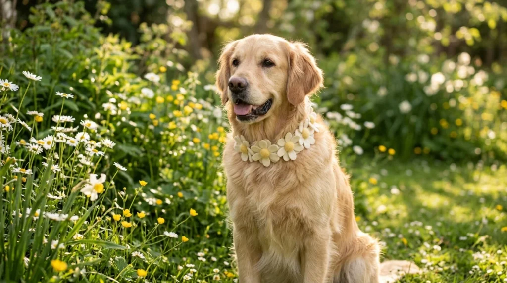 Golden retriever wearing a handmade felt daisy flower collar in a spring garden
