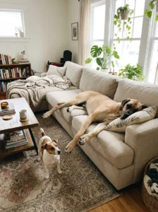 Relaxed Great Dane resting on a sofa beside an energetic Jack Russell Terrier.