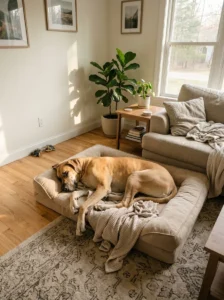 Great Dane sleeping peacefully on a sofa in a cozy home.