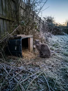 Grey stray cat beside an outdoor shelter on a frosty winter evening