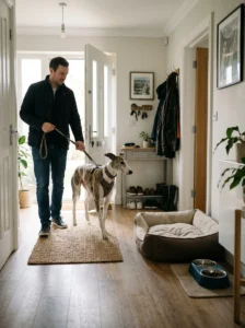 New rescue dog entering its home calmly on a leash with its owner.