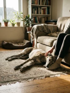 Rescue greyhound cross resting peacefully at its owner's feet at home.