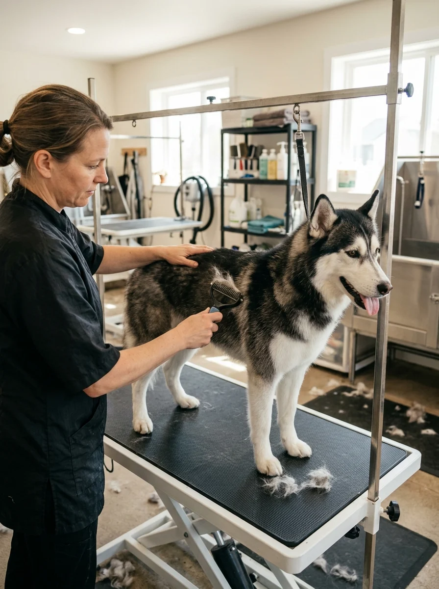 Groomer brushing a Siberian husky's natural double coat without shaving it